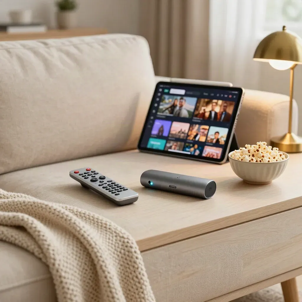 Warm couch-side watch setup with tablet, remote, streamer, popcorn bowl, and knit throw.