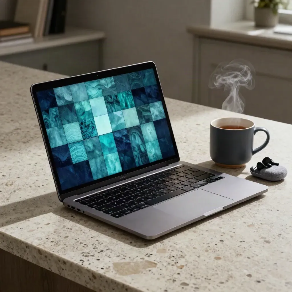 Laptop on stone counter with tea steam, mug, and earbuds beside a glowing queue row.
