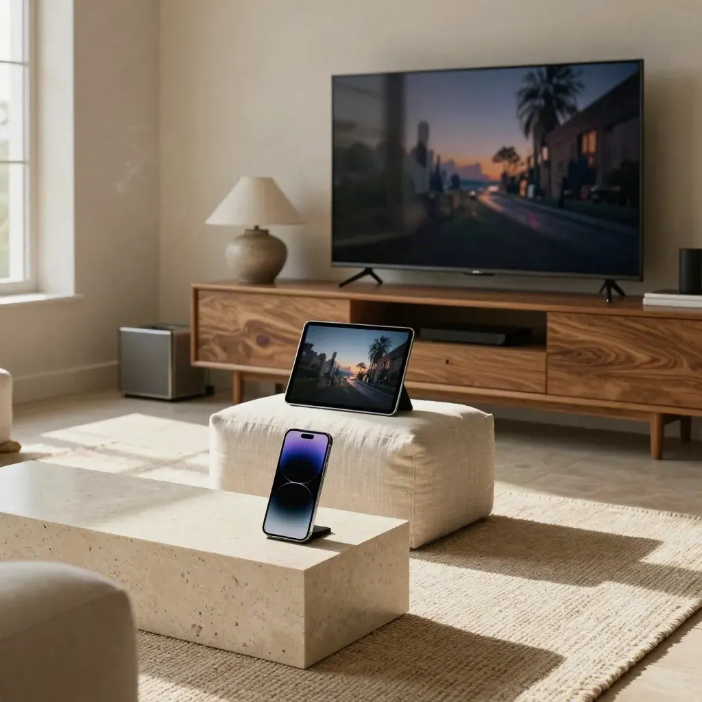 Living room with a phone, tablet, and TV all showing the same new release.