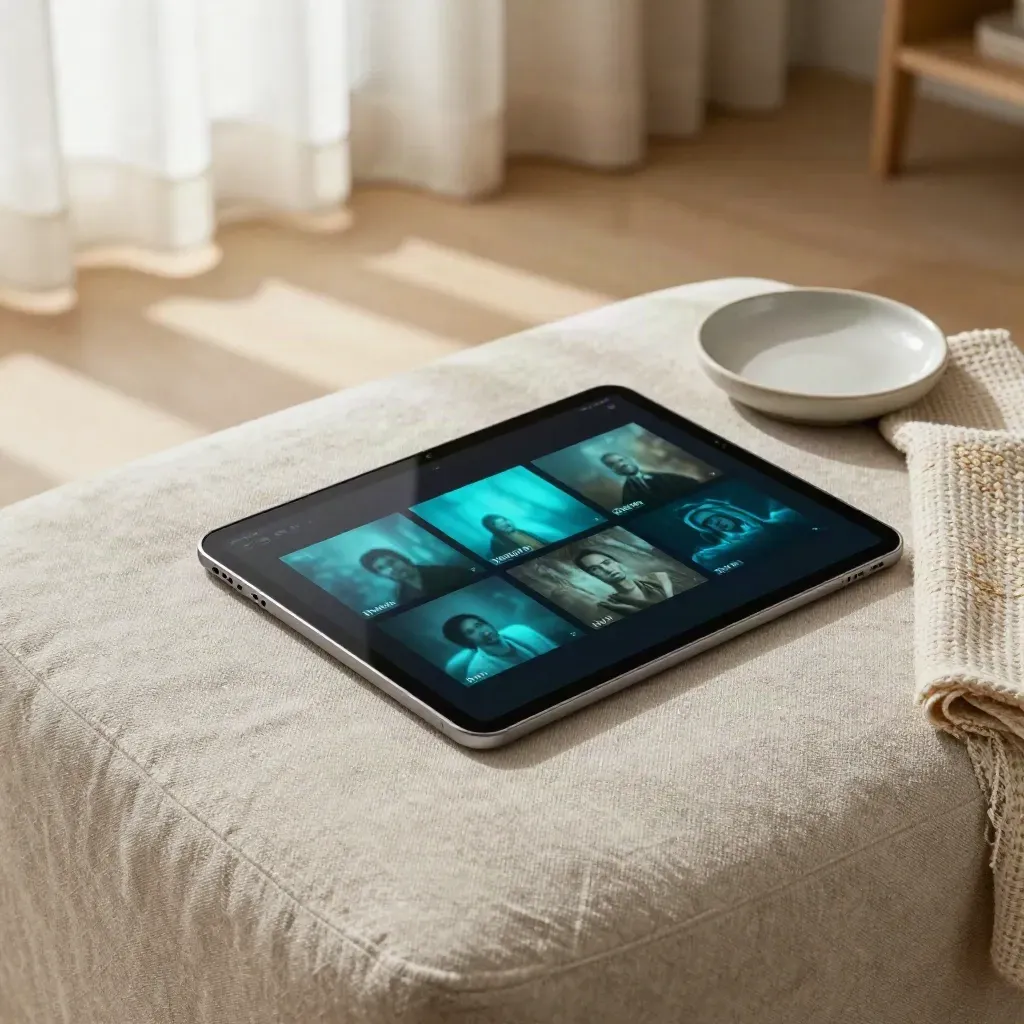 Tablet on a linen ottoman with blurred episode tiles, a throw, and a ceramic dish in soft daylight.