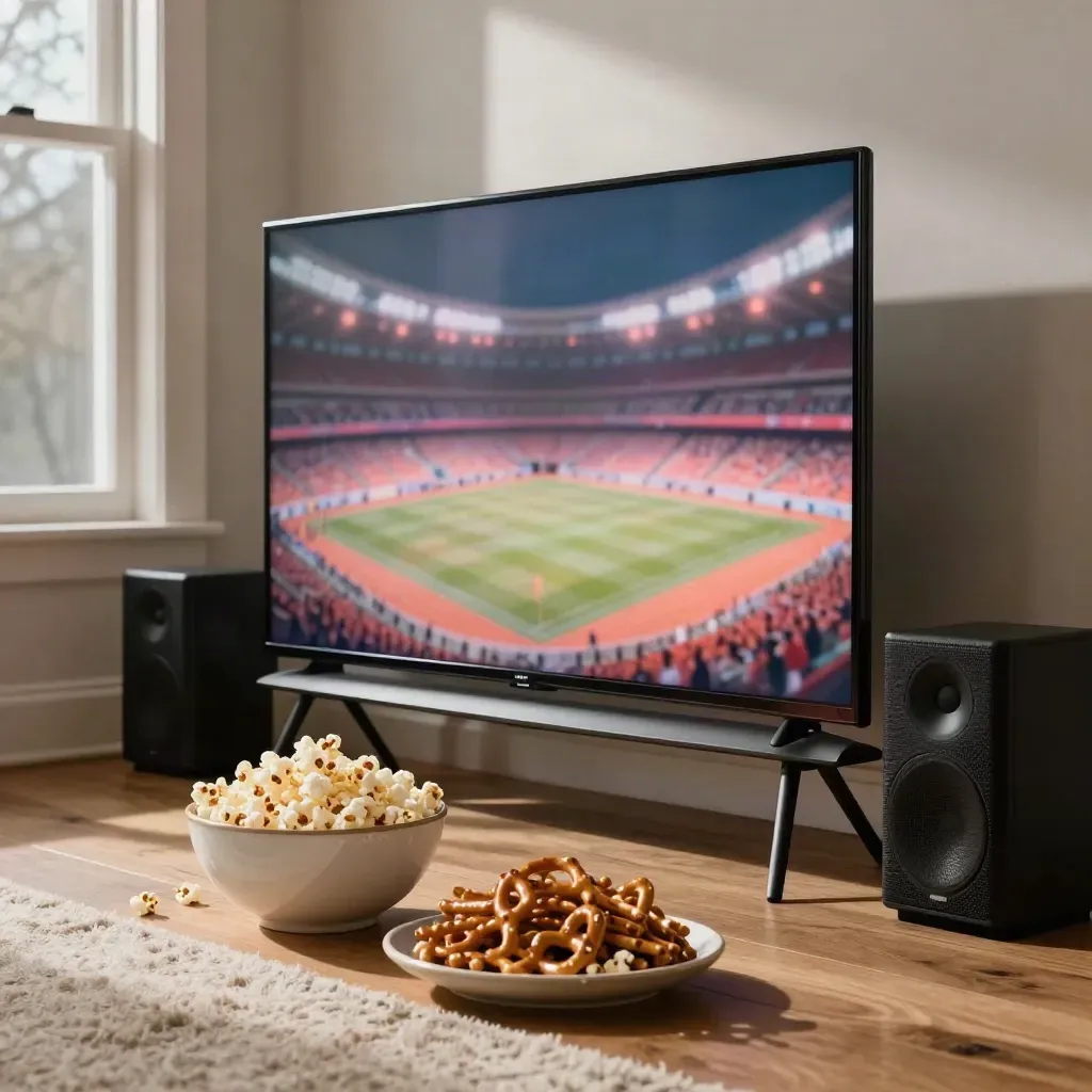 Low-angle TV setup with snacks and speakers, glowing pre-show reflections on a warm wood floor