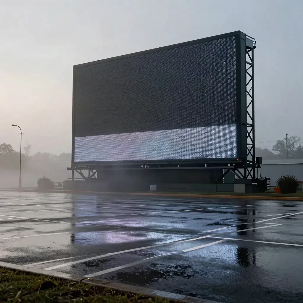Rainy parking lot with a giant outdoor trailer screen glowing through pre-dawn mist.