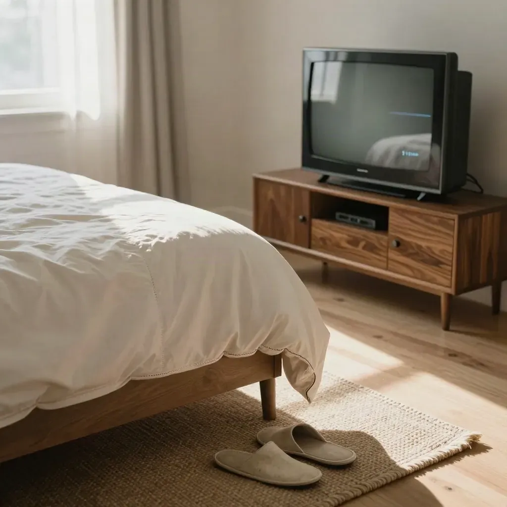Bedroom TV at bedfoot with folded duvet and slippers in hazy morning light.