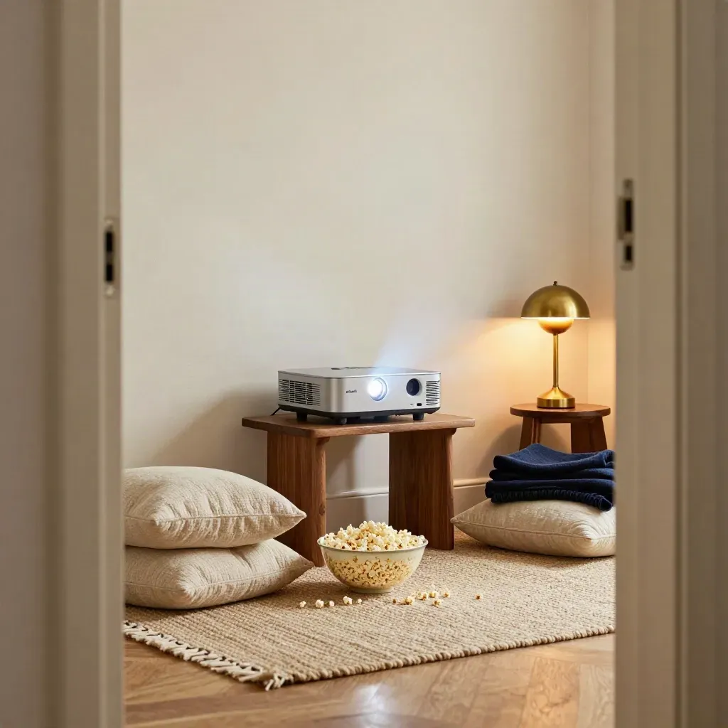 Cozy den with projector, popcorn bowl, floor cushions, and lamp in warm window light.