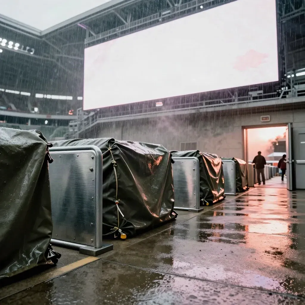Wet stadium concourse with barriers, tarps, and flashing venue lights in the rain.