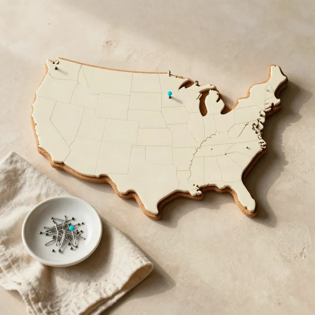 Cream US-shaped cork pinboard with color pins beside linen cloth and ceramic dish on plaster.